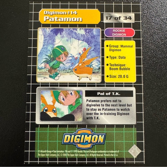 1999 Digimon 17 Of 34 #14 Patamon Animated Series 1 Holo Foil - Picture 2 of 2